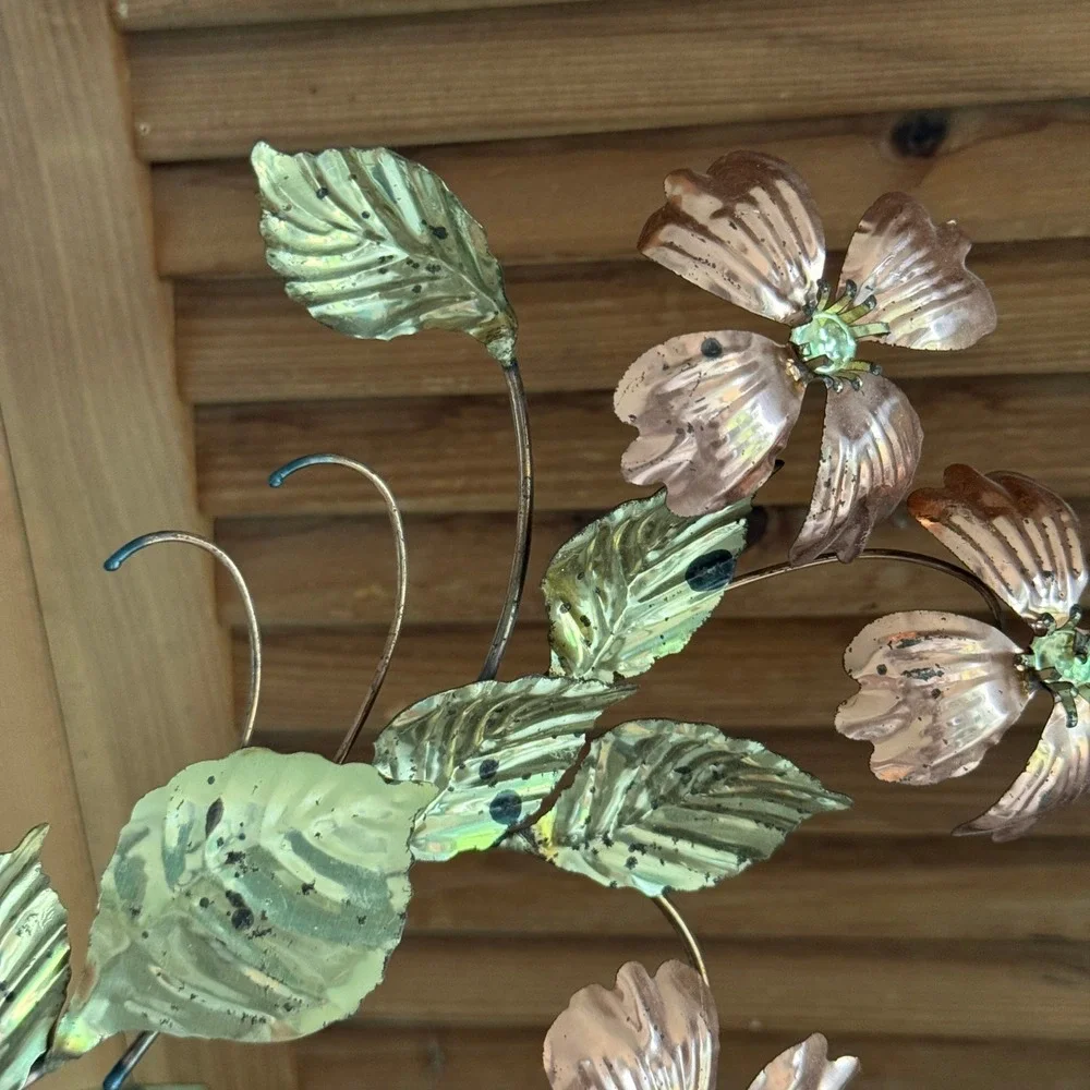 Vintage Mixed Metal Copper Brass Floral Wall Art Set Dogwood Flowers MCM 2pc